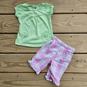 Specialty Baby Girl Outfit Green Top with Pink Plaid Capris 6-9M